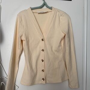 ASTR Soft Cream Ribbed V-Neck Button Cardigan